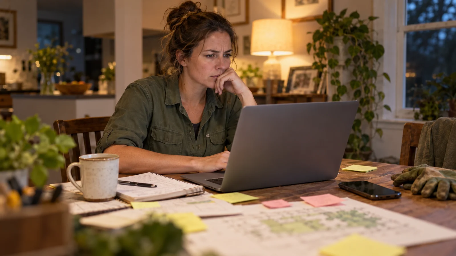 A landscaping business owner at a cluttered kitchen table with notes, sticky notes and a laptop in the evening