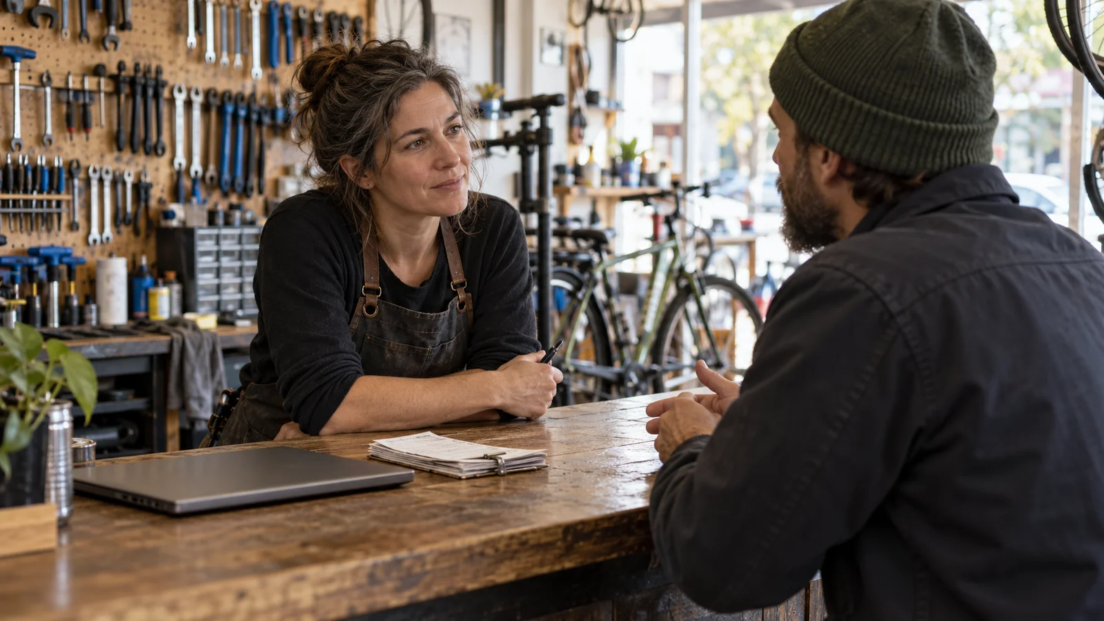 A bike shop owner leaning on the counter and talking face to face with a customer