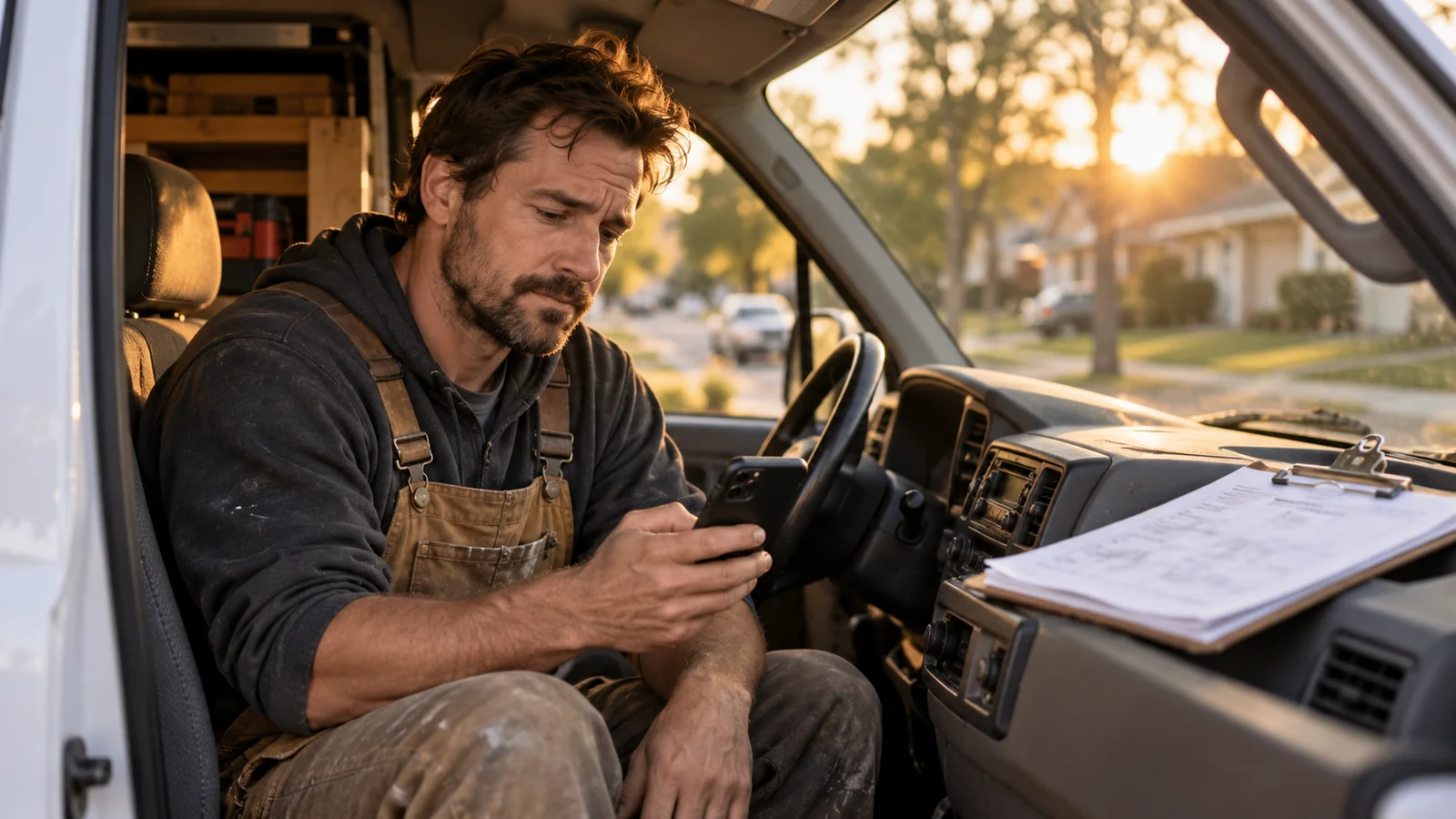 A contractor sitting in his work van at the end of the day, looking at his phone, with estimate pages on the dashboard