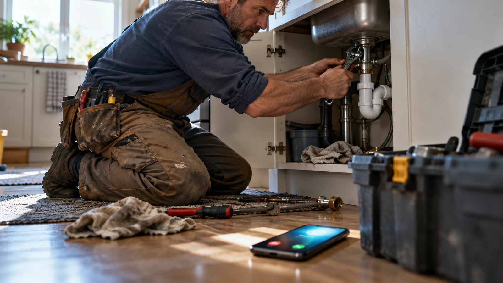 A plumber working under a kitchen sink while his phone rings on the floor beside his toolbox