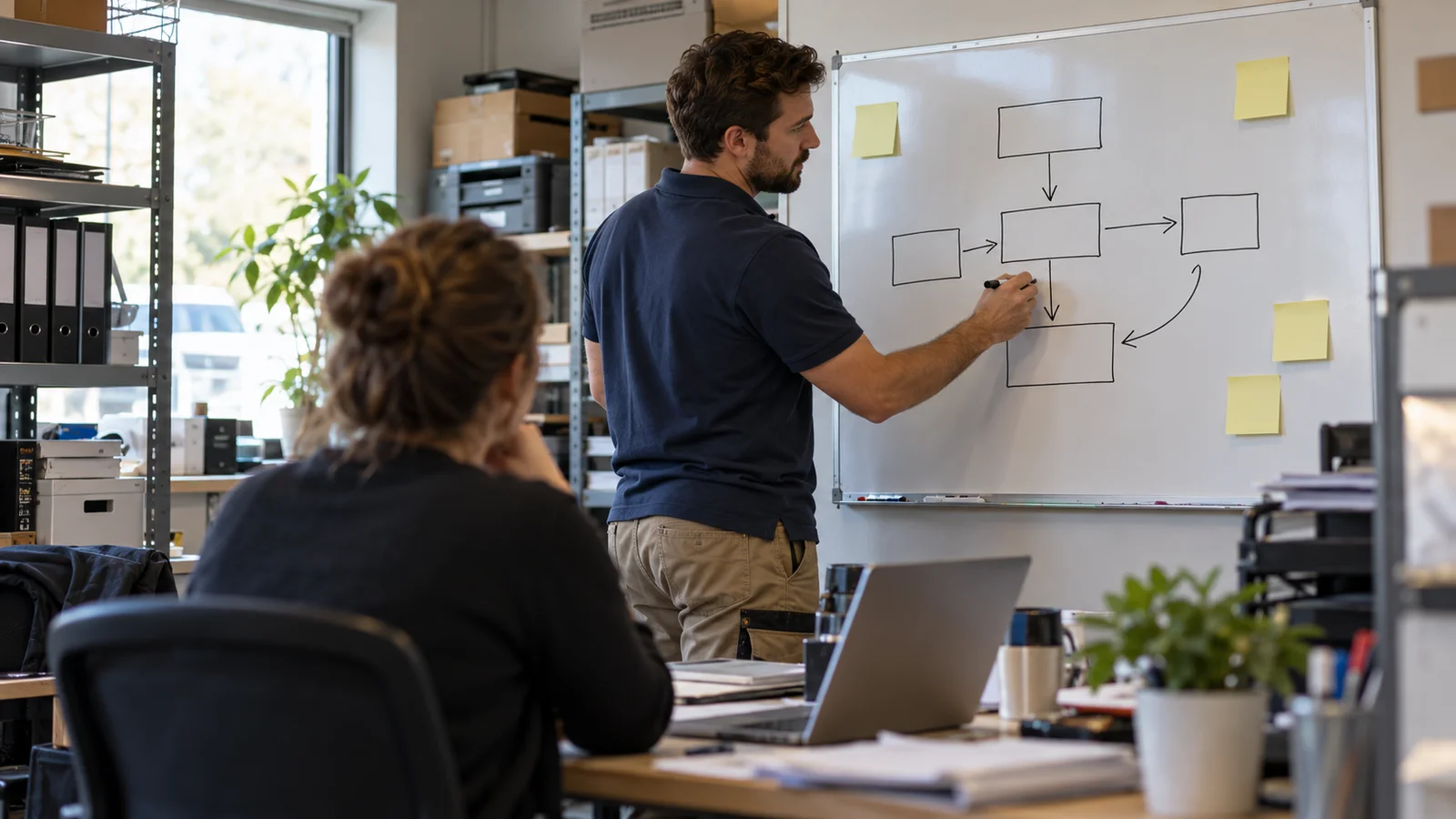 A small business owner sketching a workflow of boxes and arrows on a whiteboard while a colleague watches from a laptop